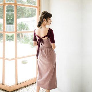 Color Panel Open Back Short Sleeve Midi Dress