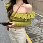 One-shoulder Ruffle Cropped Sweater Green - One Size