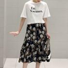 Set: Short-sleeve Letter T-shirt + Floral Midi Chiffon Skirt