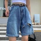 High-waist Rolled Frayed Ruched Loose Fit Wide Leg Shorts