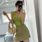 Band-waist Flower-pattern Miniskirt