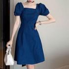 Puff-sleeve Square-neck Demin Dress