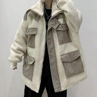 Corduroy Pocket Faux Shearling Zip Coat