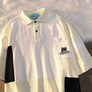 Short-sleeve Bear Embroidered Color Block Collared T-shirt
