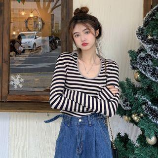 Long-sleeve V-neck Striped Slim-fit Top Black - One Size