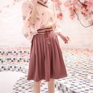 Set: Flower Embroidered 3/4-sleeve Top + A-line Skirt