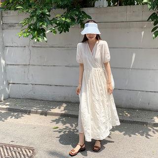 Puff-sleeve Long Wrap Dress