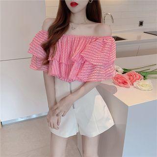 Off-shoulder Striped Frill Trim Top / High Waist Shorts