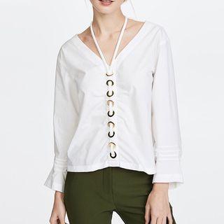 Buckled Lace Up Long-sleeve Blouse