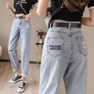 Floral Embroidered Washed Straight-cut Jeans