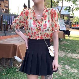 Short-sleeve Printed Mesh Frill Trim Shirt / A-line Mini Pleated Skirt
