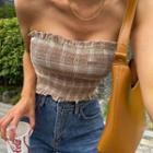 Frilled Plaid Smocked Tube Top Beige - One Size