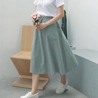 Striped Drawcord Midi Skirt