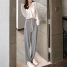 Long-sleeve Plain Cardigan + High-waist Drawstring Plain Pants