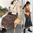 Sheer Chiffon Blouse / Floral Print A-line Midi Skirt