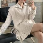 Long-sleeve Striped Mini A-line Shirtdress / V-neck Sweater Vest