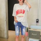 Elbow-sleeve Striped Lettering T-shirt