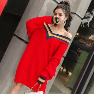 Long-sleeved Striped V-neck Dress