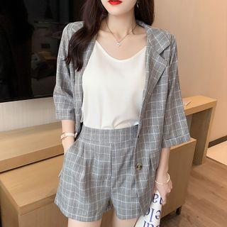Elbow-sleeve Plaid Blazer / Shorts / Plain Camisole Top / Set