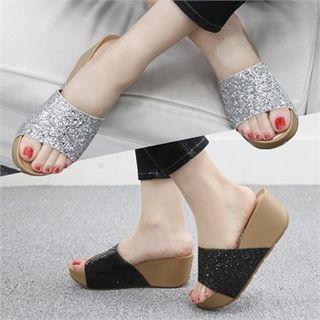 Open-toe Glitter Wedge Mules