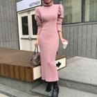 Turtle-neck Puff-sleeve Rib Knit Dress