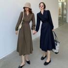 Long-sleeve Open Collar Midi A-line Dress