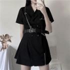 Set: Double-breasted Short-sleeve Mini Collared Dress + Single-strap Harness Belt