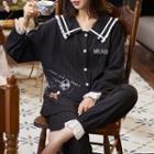 Loungewear Set : Contrast Trim Long-sleeve Print Shirt + Pants