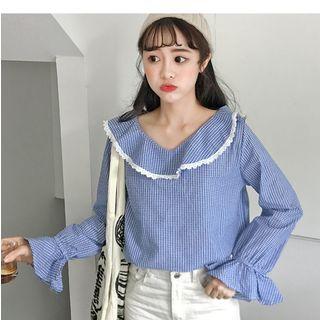Ruffle Trim Gingham Long-sleeve Blouse