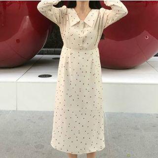 Hearted Patterned Long-sleeve Midi Straight-fit Dress Ivory White - One Size