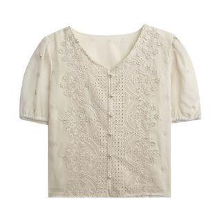 Puff-sleeve V-neck Embroidered Top
