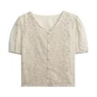 Puff-sleeve V-neck Embroidered Top