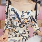 3/4-sleeve Off-shoulder Floral-pattern Sheath Dress