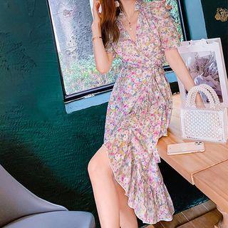 Short-sleeve Floral Chiffon Frill Trim Mermaid Dress