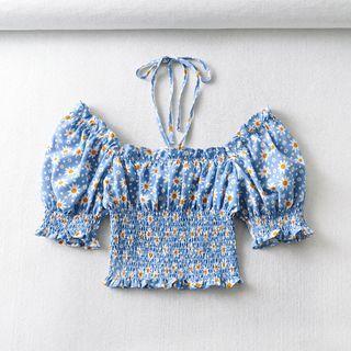 Puff-sleeve Halter-neck Floral Crop Top