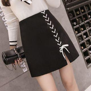 Lace-up Mini A-line Knit Skirt