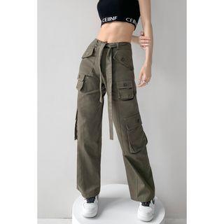 Multi-pockets Wide-leg Pants With Sash