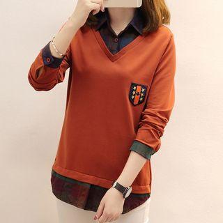 Mock Two-piece V-neck Long-sleeve T-shirt