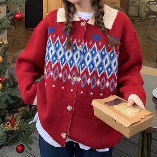 Collared Patterned Cardigan Red - One Size