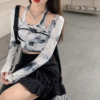 Set: Tie-dye Long-sleeve Cropped Top + Tank Top