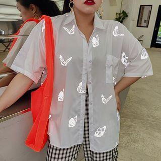 Elbow-sleeve Reflective Print Shirt