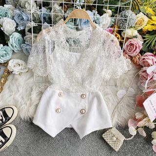 Lace-panel Double-breasted Blouse