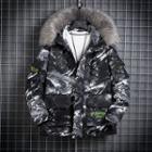 Letter Printed Camo Furry Hooded Jacket