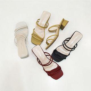 Plain Strappy Block Heel Slide Sandals