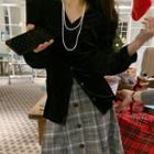 Long-sleeve V-neck Button-up Velour Blouse Black - One Size