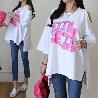 Cutaway-shoulder Letter T-shirt