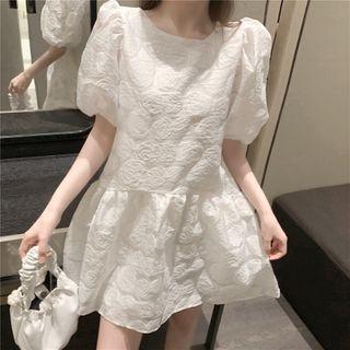 Floral Embroidered Puff-sleeve Mini A-line Dress White - One Size