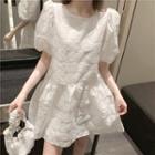 Floral Embroidered Puff-sleeve Mini A-line Dress White - One Size