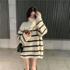Faux Shearling Buttoned Vest / Turtle-neck Striped Sweater