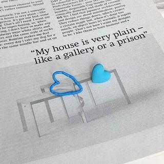 Asymmetrical Heart Earring 1 Pair - Silver Stud - Blue - One Size